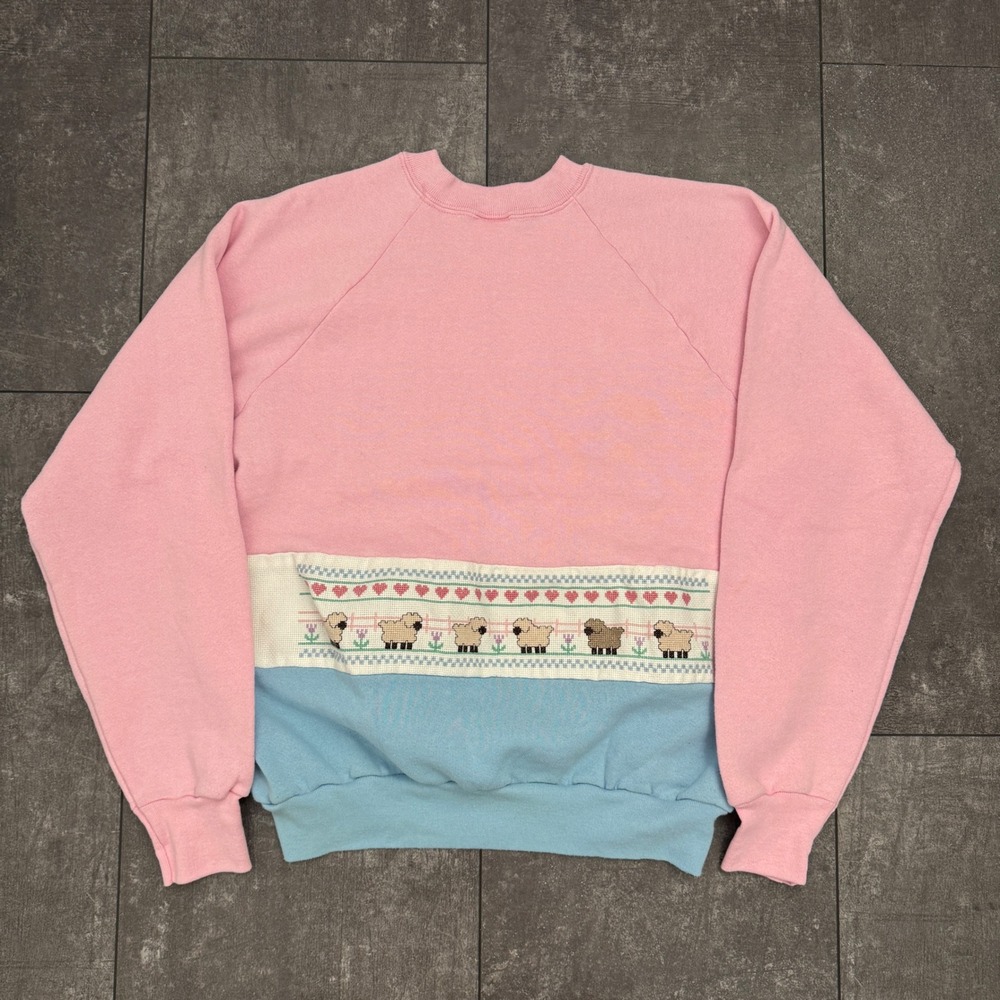 Vintage Fruit of the Loom Sheep Heart Colorblock Sweatshirt Pink Blue Large USA - Picture 4 of 7